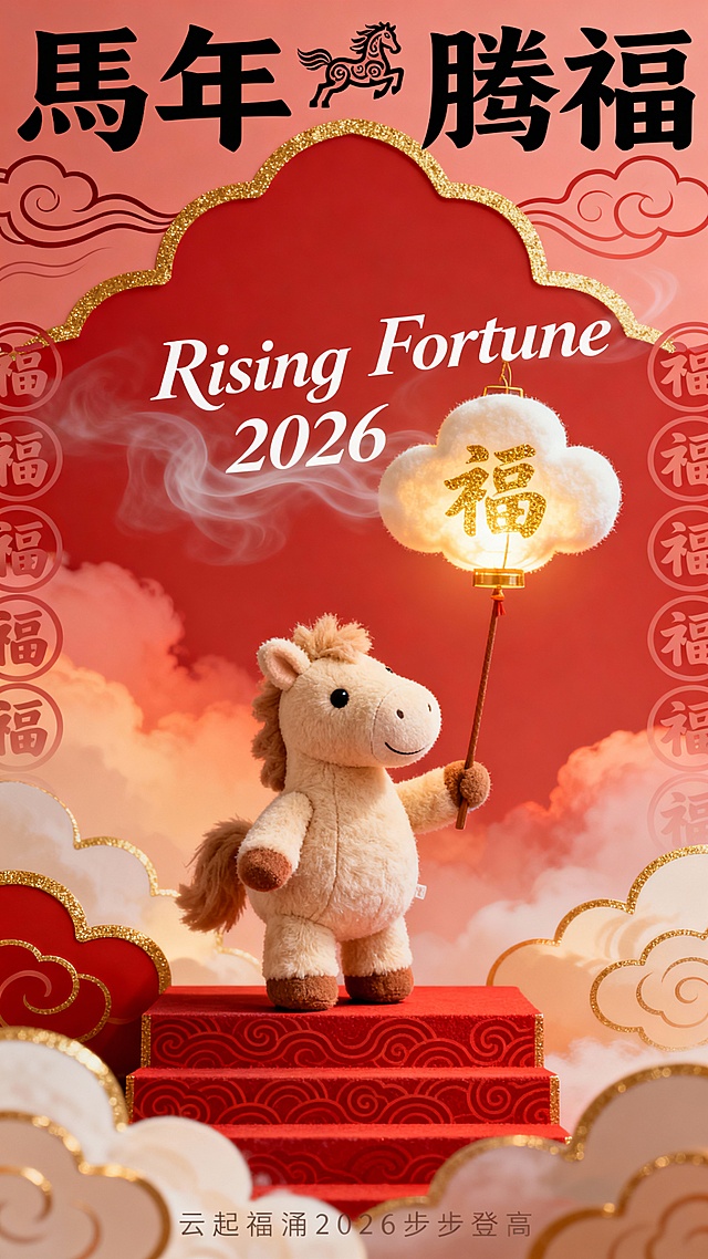 国潮风软3D卡通马拟人形象，手持鎏金“福”字灯笼，毛发生长质感细腻，喜庆红金配色，祥云环绕，寓意马年腾福、步步登高。