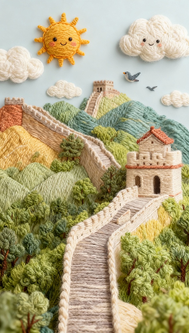 刺绣风微缩艺术，拟人化太阳云朵，中式长城蜿蜒于绿意山峦，可爱卡通感与梦幻清新交织，温馨趣味尽显。