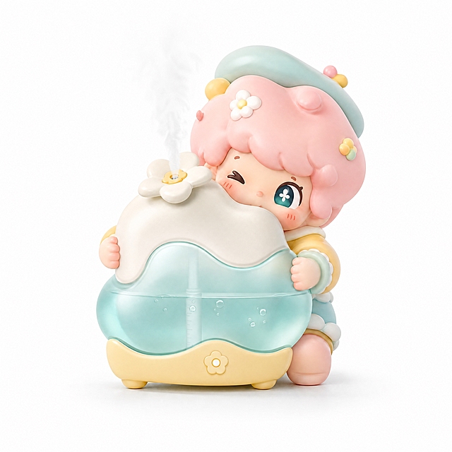 产品精修，产品置于纯白背景上，专业商业棚拍光，5500K标准中性白光，轮廓光，体积光，曝光正确，强烈真实立体感，接地处保留干净浅淡的自然接触阴影，严禁大片投影、脏灰阴影和悬浮感，主体居中，商品完整入画不裁切，商品外轮廓视觉体量约画面60%-80%，四边均匀留白约10%-20%，严禁满幅铺满与贴边顶满，极致超清画质，细节清晰锐利，商业级实拍质感，保留原图真实材质与结构细节，3d渲染，提升商品洁净度和商业新品感，清除旧痕、灰暗、脏斑和不均匀色块，保留原图颜色分区、材质色相、结构和功能细节，禁止整体提亮改色，锁定原图商品颜色，颜色以输入图为唯一参考，分段部件颜色边界按原图锁定，锁定原图商品轮廓、件数、部件位置、连接关系、标签文字和可见功能细节，只做精修不重绘结构，出风口、底座和可拆卸部件边界清晰且位置正确，禁止简化功能件、错位可拆卸结构或改变设备形态，卡通人物主体：哑光/半哑光塑料质感，柔和漫反射，低高光；透明水箱区域：透明塑胶/亚克力/PC质感，折射边线清晰，透明层次自然；花朵与装饰细节：软胶/硅胶质感，柔性包覆感真实，曲面高光自然，前侧视图，严格保持原图透视，严禁扶正，严禁镜像翻转，比例1:1