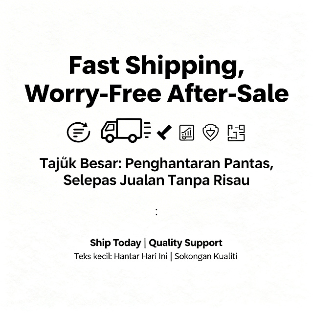 纯白背景，展示物流车和售后相关图标，上方添加醒目大字标题"Fast Shipping, Worry-Free After-Sale"和"Tajuk Besar: Penghantaran Pantas, Selepas Jualan Tanpa Risau"，下方添加精简小字卖点"Ship Today | Quality Support"和"Teks kecil: Hantar Hari Ini | Sokongan Kualiti"，字体清晰易读，整体排版规整