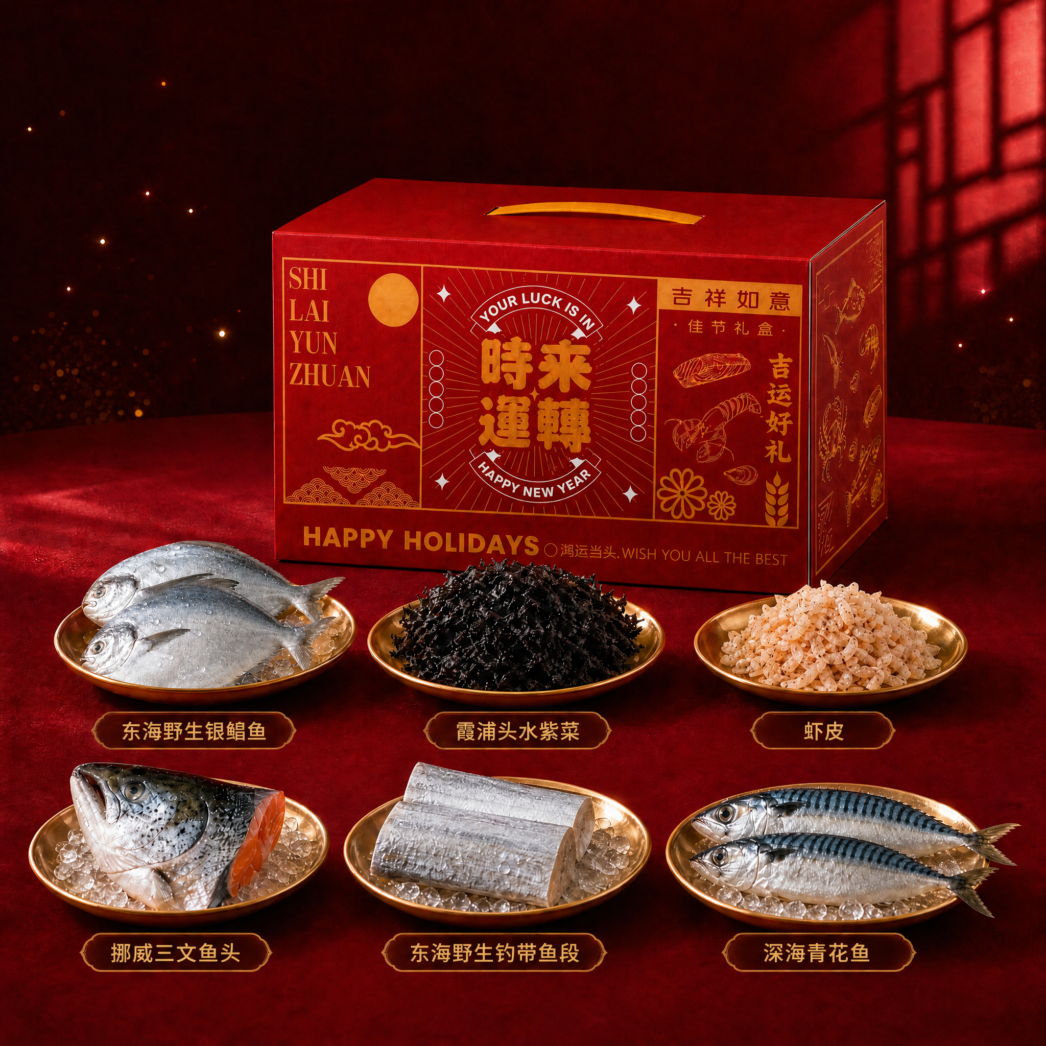 参照第二张图的礼盒细节，修复第一张图中的红色礼盒。礼盒正面需要… - 图片创意预览