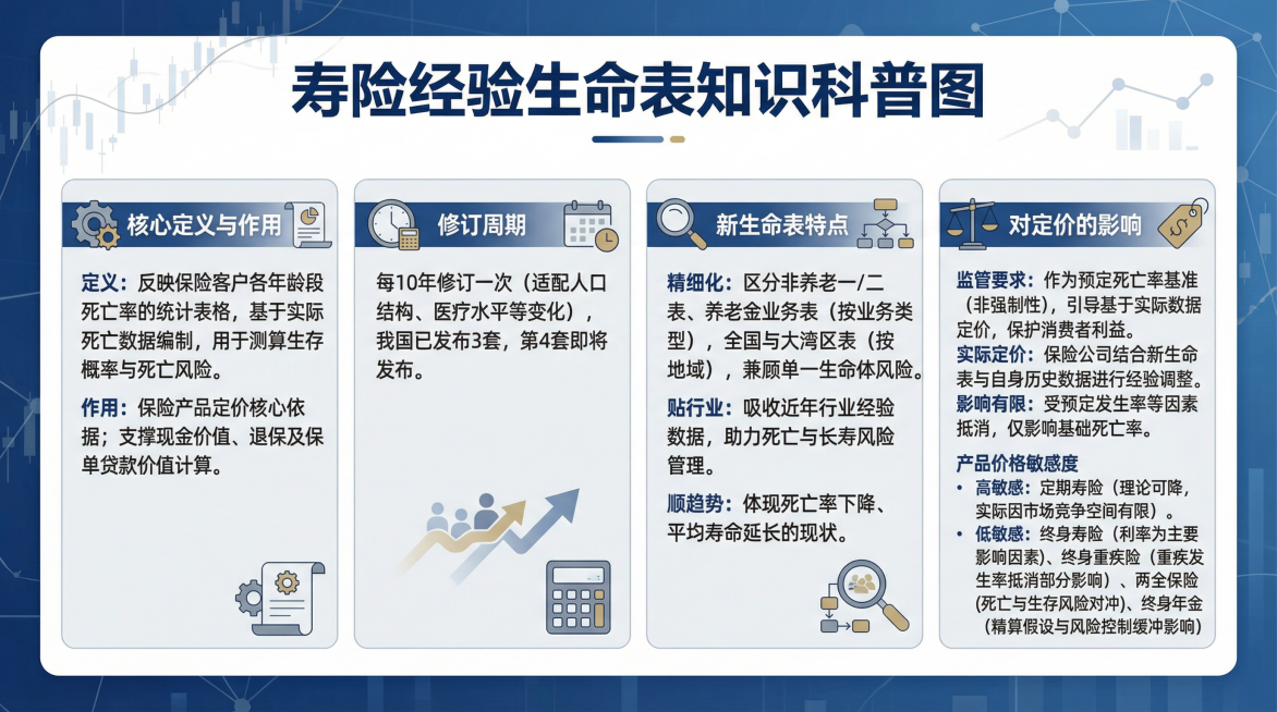 帮我做一个好看的图，保留所有文字寿险经验生命表基础知识核心定义与作用定义：反映保险客户各年龄段死亡率的统计表格，基于实际死亡数据编制，用于测算生存概率与死亡风险。作用：保险产品定价核心依据；支撑现金价预览效果