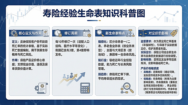 帮我做一个好看的图，保留所有文字寿险经验生命表基础知识核心定义与作用定义：反映保险客户各年龄段死亡率的统计表格，基于实际死亡数据编制，用于测算生存概率与死亡风险。作用：保险产品定价核心依据；支撑现金价值、退保及保单贷款价值计算。 修订周期每10年修订一次（适配人口结构、医疗水平等变化），我国已发布3套，第4套即将发布。 新生命表特点精细化：区分非养老一/二表、养老金业务表（按业务类型），全国与大湾区表（按地域），兼顾单一生命体风险。贴行业：吸收近年行业经验数据，助力死亡与长寿风险管理。顺趋势：体现死亡率下降、平均寿命延长的现状。 对定价的影响监管要求：作为预定死亡率基准（非强制性），引导基于实际数据定价，保护消费者利益。实际定价：保险公司结合新生命表与自身历史数据进行经验调整。影响有限：受预定发生率等因素抵消，仅影响基础死亡率。 产品价格敏感度高敏感：定期寿险（理论可降，实际因市场竞争空间有限）。低敏感：终身寿险（利率为主要影响因素）、终身重疾险（重疾发生率抵消部分影响）、两全保险（死亡与生存风险对冲）、终身年金（精算假设与风险控制缓冲影响）。