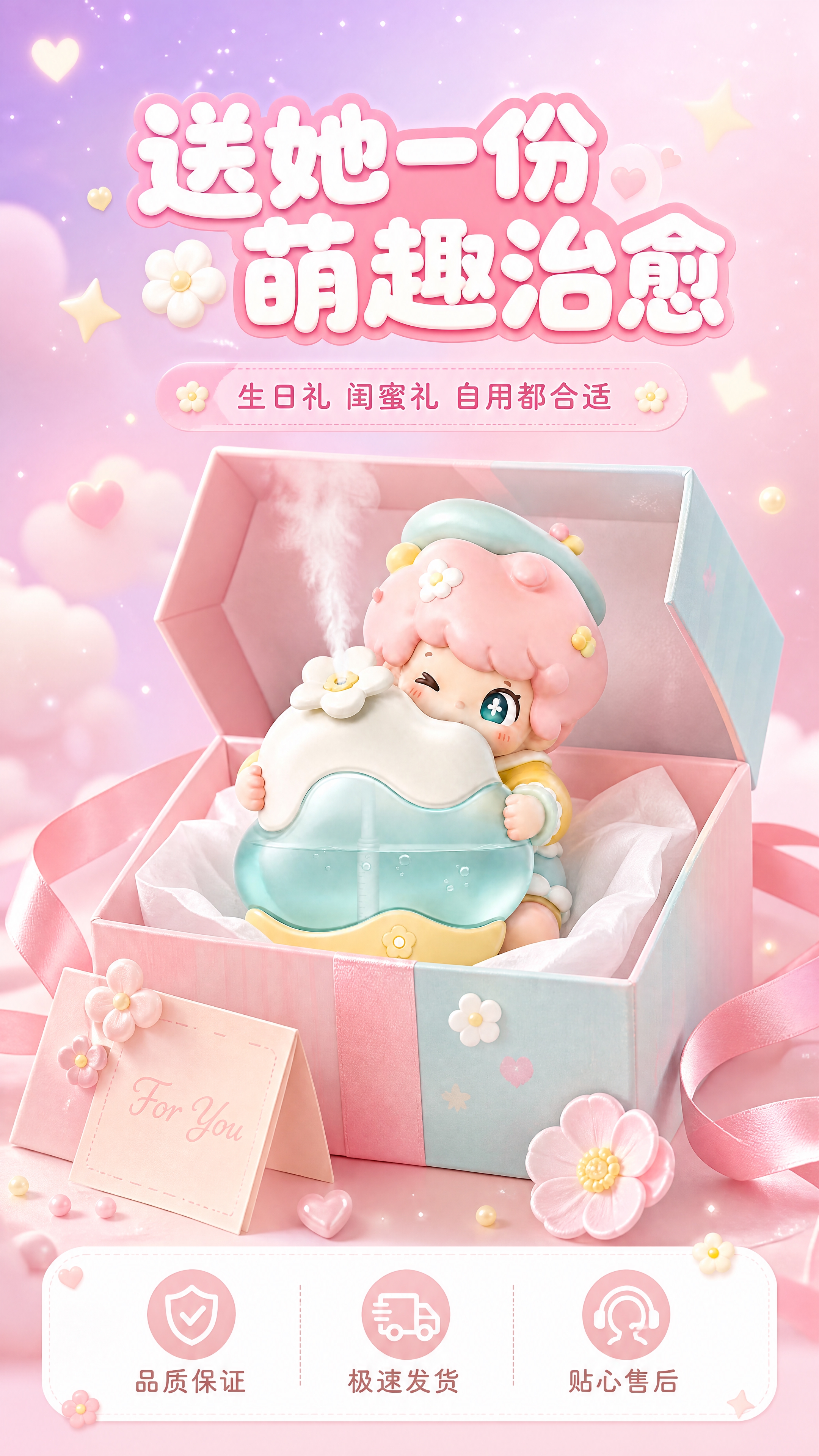 [商品] 使用精修后云朵萌友加湿器潮玩摆件图；保留粉发贝雷帽女… - 图片创意预览