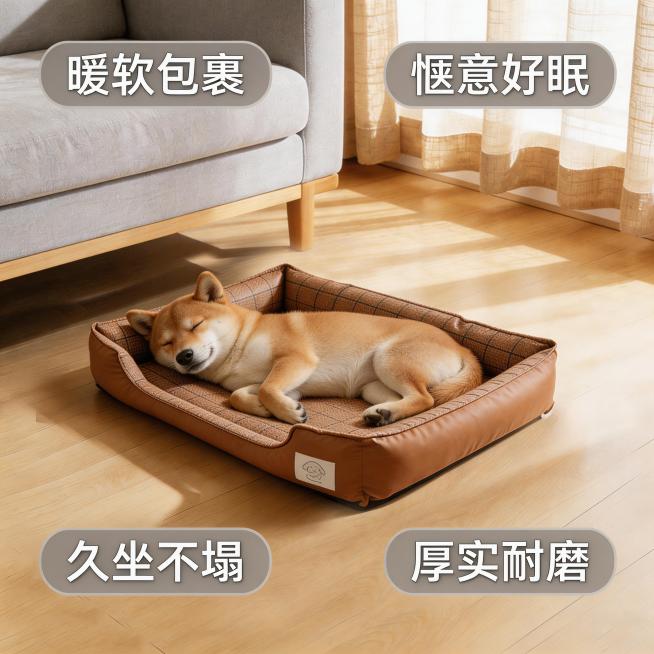淘宝宠物窝主图，棕格纹猫狗宠物窝垫子，产品放大居中展示，添加一只熟睡的小狗睡在垫子上，风格为电商产品图，卖点暖软包裹，惬意好眠，久坐不塌，厚实耐磨，温馨明亮的室内场景预览效果