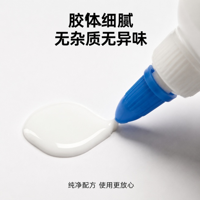 [主图-3] 胶体细腻质感特写图。
[氛围风格] 纯净通透 突出质感 真实自然
[画质] 商业摄影质感、光线柔和通透、产品清晰真实、画面干净高级
[元素] 白乳胶瓶口挤出一滴均匀细腻的白色胶体在干净白预览效果
