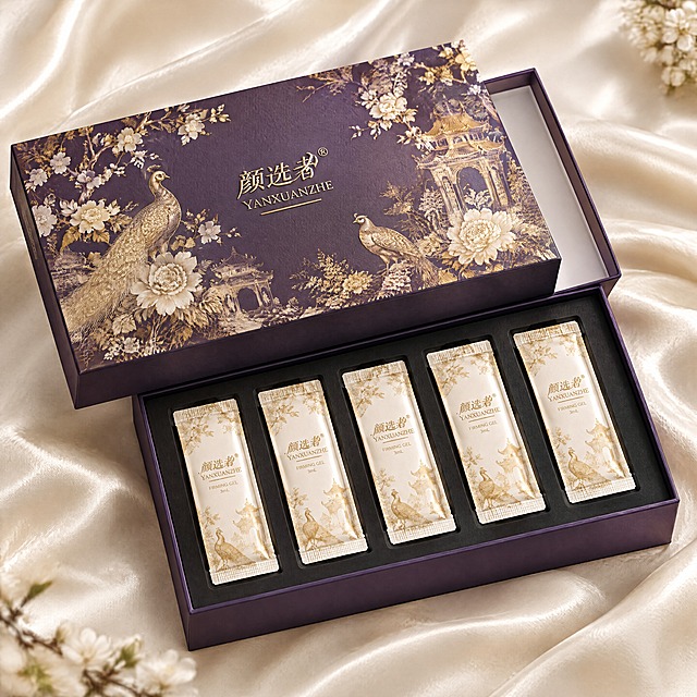 根据提供的包装刀版图，生成颜选者品牌紧致凝胶长方形天地盖礼盒3D效果图。长方形天地盖硬盒，深紫色，盒盖正面满版法式复古花鸟暗纹，中央凸起烫金"颜选者"logo，打开后黑色海绵内托整齐摆放5支独立包装凝胶。米白色丝绸背景，礼盒半开状态，45度俯视，高端私护套装，精致内托，奢华质感