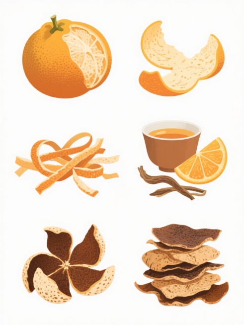 白色背景，保持原插画的扁平风格、清晰线条、光滑渐变色彩和写实细节表现，将画面整体色彩变换为以橙黄、棕褐为主色调，展示陈皮元素类目的6个完全不同元素内容的系列素材集合，包括完整的陈皮果实、剥开的陈皮瓣、陈皮切丝、陈皮茶、陈皮与柑橘的组合、陈年陈皮堆叠，所有元素规整排布成两行三列的网格布局，每个元素都具有明确的轮廓、细腻的纹理刻画和统一的光影处理，整体构图平衡且信息传达清晰。预览效果