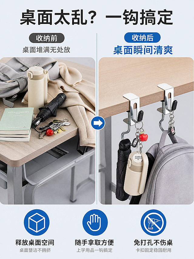 [第2张] 痛点对比页-桌面杂乱vs挂钩收纳后效果对比。本张使用【图4】作为产品安装参考，【图6】作为产品外观参考。
[氛围/风格] 真实课桌场景前后对比，左右分栏，反差明显，拼多多直白风格。
[元素布局] 画面左右分栏，左侧为「收纳前」：桌面堆满书包、水杯、雨伞、钥匙、外套，杂乱拥挤占满桌面；右侧为「收纳后」：同款桌面整洁干净，桌边安装银色双钩挂钩，书包、水壶、雨伞、钥匙全部挂在桌边挂钩上，桌面释放空间；产品结构、材质、颜色与输入图一致。
[光影质感] 左右两侧光线一致，柔和自然光，桌面投影自然，金属件有光泽。
[配色色系] 全局底色浅灰蓝 #F0F5F9；左侧痛点区偏暖灰调，右侧解决区偏明亮清爽蓝；标题字深灰。
[视角构图] 正面俯视桌面角度，左右对称分栏构图，中间用竖线或箭头分隔，阅读动线左痛点 → 右解决。
[文字版式] 顶部大标题「桌面太乱？一钩搞定」；左侧上方小字「收纳前 桌面堆满无处放」，右侧上方大字「收纳后 桌面瞬间清爽」；底部三个卖点图标+文字「释放桌面空间」「随手拿取方便」「免打孔不伤桌」。
[比例分辨率] 3:4 竖版比例，4K 分辨率，文字清晰可辨，高清画质。
[负向提示词] 产品变形，结构错误，颜色偏差，挂物悬浮，水印，文字错乱，左右场景不一致，背景杂乱。