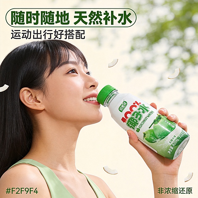 [第4屏] 佰果适100%椰子水模特展示屏，饮料类必填模特展示。
[氛围/风格] 年轻活力生活化场景，自然自然光感，真实日常商业摄影。
[元素布局] 亚洲年轻女性模特半身侧脸入镜，模特右手手持佰果适椰子水瓶，保持瓶身包装结构、文字颜色与输入产品图一致，产品位于画面偏右下侧，占画面约65%。模特肩部以上和脸部可见，表情轻松自然，呈现饮用瞬间，背景为简洁浅米色户外树荫虚化场景，周围点缀少量散落新鲜椰片装饰。
[光影质感] 自然散射户外光，整体亮度均匀，产品瓶身带清晰光泽，模特面部光线柔和，背景虚化突出主体产品。
[配色色系] 全局底色：#F2F9F4（浅青绿色）；主体配色：模特自然肤色+绿色瓶身+浅米背景；辅助色：绿色文字和深灰文字。
[视角构图] 平视半身构图，主体产品在右下区域，模特在左上区域，符合正常视觉动线，主体产品清晰突出。
[文字版式] 画面左上区域标题："随时随地 天然补水"，圆角粗黑体绿色填充，副标题："运动出行好搭配"，深灰色小字。整体沿用圆角粗黑体标题字形，字色仅绿色和深灰色两种，统一纯色填充字效，文字不遮挡产品主体。
[比例分辨率] 1:1正方形比例，4K分辨率，文字清晰可辨。
[负向提示词] 模特面部模糊，产品变形，包装文字错乱，颜色偏差，水印，背景杂乱，过度修图，不自然表情。