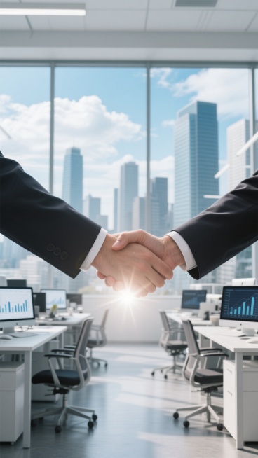 两只穿着正式西装的手在画面中央以标准商务握手姿势紧握，手部细节清晰，光线从握手处发出柔和耀眼的光芒，形成高光效果。背景是现代工作场景，包括明亮的开放式办公室、整齐排列的办公桌椅、电脑屏幕显示着数据图表，窗外可见高楼大厦的城市天际线，天空湛蓝飘着白云，整体色调以蓝灰色调为主，搭配中性的白色和浅灰色，营造出专业、正式、高效的商务办公氛围，光影效果自然，具有清晰的视觉层次和景深，画面干净利落，传达出……预览效果
