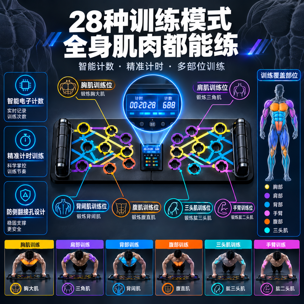 [主图-2] 俯卧撑训练板核心功能卖点图，重点展示智能计时计数… - 图片创意预览