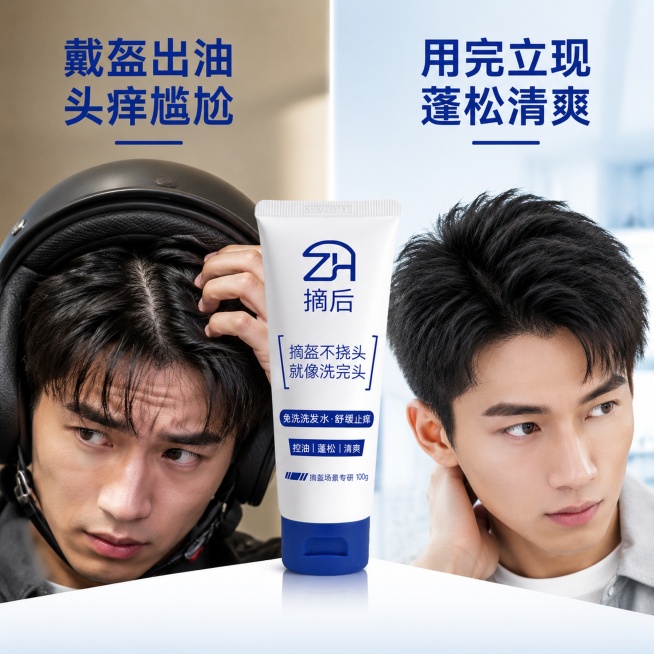 使用电商主图技能生成5张比例1:1的电商主图，适配平台为淘宝/天猫，商品为「图片1」「图片1」「图片1」「图片1」「图片1」，商品卖点为止痒 控油 蓬松 上班族 头盔族必备，预览效果
