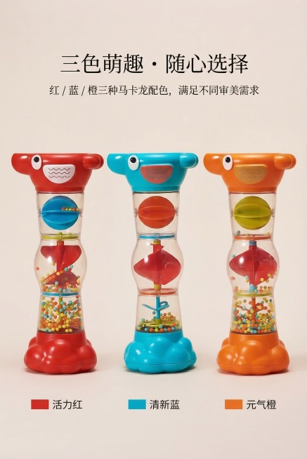 杂志风色彩展示页，浅米色背景。画面垂直排列红、蓝、橙三款沙漏雨声筒玩具，严格还原上传的各产品图，包括包装设计、颜色、LOGO 位置、文字内容、图案元素等所有细节，产品比例 1:1，间距均匀。顶部居中放预览效果