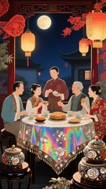中国传统庭院中的中秋夜宴场景，刺绣桌布铺在桌上，螺钿漆器摆放其间，剪纸灯笼悬挂空中，家人们在月光下共享月饼与香茗，灯笼投射出温暖的光晕，红金交织的浓烈色彩，温馨喜庆的氛围，高度精细的写实渲染，精准捕捉预览效果