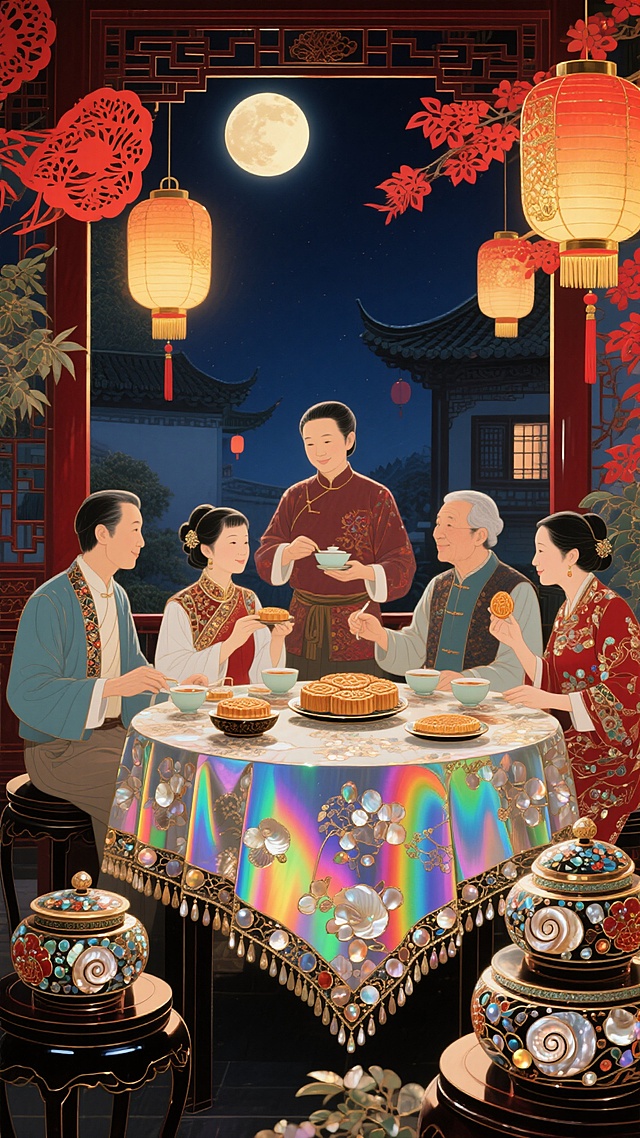 国潮风插画，融合工笔与剪纸元素，展现中秋团圆夜的温馨喜庆。红灯笼、满月与精致刺绣服饰交织出浓厚中式复古氛围，浮雕质感桌布增添华丽层次。