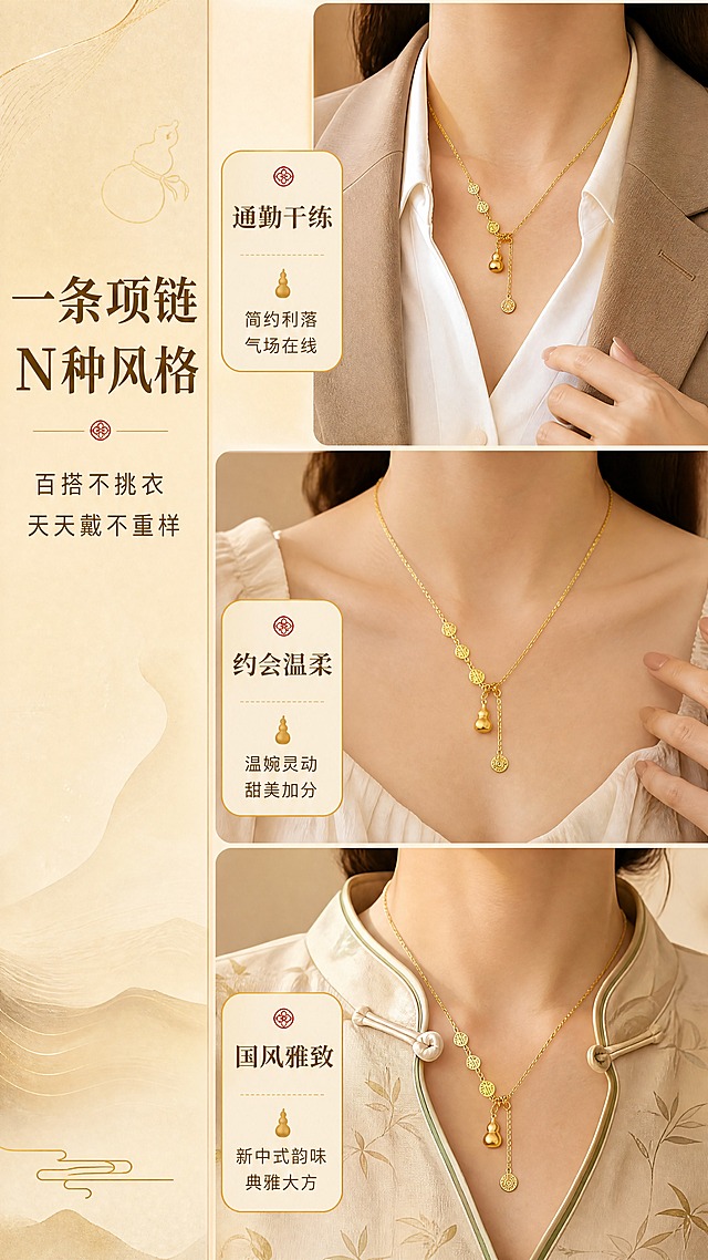 [商品] 使用【图1】清风茗饰福禄满满项链；保留金色细链、铜钱纹圆牌、葫芦吊坠、福牌流苏、抽拉可调节结构、铜镀金颜色与材质光泽；分别佩戴于3个不同穿搭场景中，商品结构与颜色保持一致。
[画面] 页面目标：搭配灵感，展示多场景适配性。多场景拼图型，竖向3格拼图：上格为通勤职场穿搭（衬衫+西装），中格为约会温柔穿搭（连衣裙），下格为国风新中式穿搭（旗袍/茶服）；每格均展示项链佩戴效果，风格统一暖调；右侧或左侧配竖排文案区。
[视觉] 套系策略：风格=东方雅致国风轻奢商业摄影；标题字=宋体衬线粗体；正文字=简洁无衬线体；主色=暖金+米杏；背景延展=基于米杏色做深浅渐变、同色系层次与细腻宣纸/丝绸质感；强调色=朱砂红，仅用于小面积图标、引线和标签点缀；标题色=深棕金；正文色=暖灰棕；组件=圆角金线信息卡、细金线引线、葫芦/福纹小图标；光影=每格统一暖柔光，整体色调协调一致。
[文字] 左侧主标题"一条项链 N种风格"，副标题"百搭不挑衣 天天戴不重样"；对应3格分别标注：「通勤干练」「约会温柔」「国风雅致」；文字全部横向排版，不遮挡佩戴主体。
[规格] 图片比例9:16竖版，4K，负向提示：避免变形、错字、文字过小、冷蓝/冷灰背景、商品颜色改变、结构失真、极限词、二维码、水印、竖排文字。