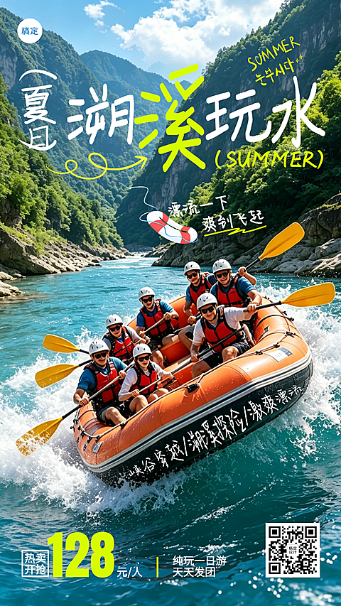 夏日溯溪玩水一日游跟团促销手机实景风竖版海报