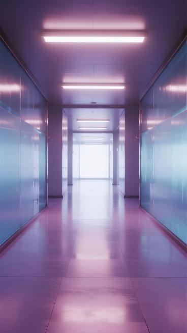 极简未来主义风格的科技感走廊，采用渐变的紫色与粉色作为主色调，两侧是光滑的玻璃幕墙，顶部有两条平行的白色发光灯带，地面为反光材质，呈现出延伸至远方的纵深感，整体光线明亮柔和，营造出梦幻而富有科技感的氛围，适合作为直播间背景。预览效果