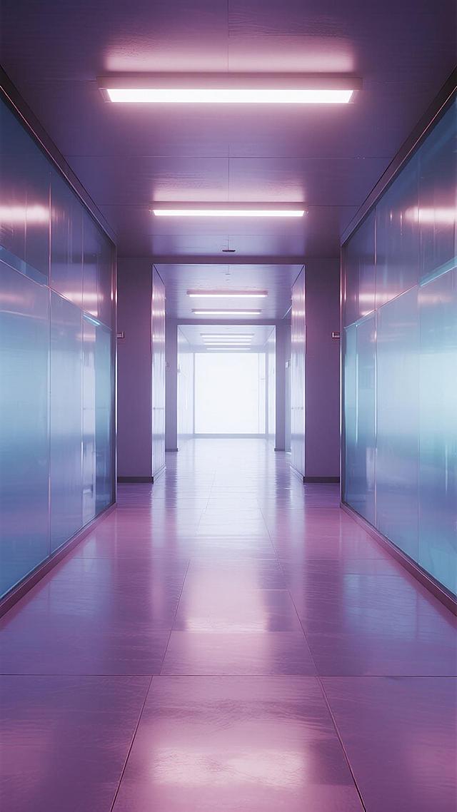 极简未来主义风格的科技感走廊，采用渐变的紫色与粉色作为主色调，两侧是光滑的玻璃幕墙，顶部有两条平行的白色发光灯带，地面为反光材质，呈现出延伸至远方的纵深感，整体光线明亮柔和，营造出梦幻而富有科技感的氛围，适合作为直播间背景。