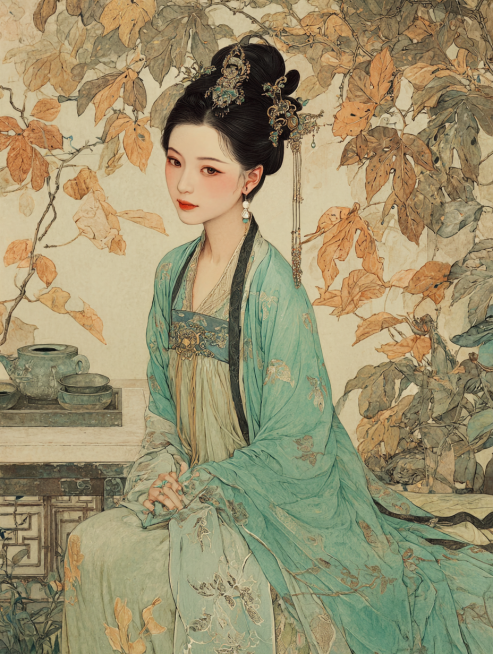 写实风格：“中晚唐偏梳髻，头发全部梳向右侧，低髻（枕骨高度），发丝松散挽成团状，余发垂肩显不对称美；髻侧插一支银鎏金簪（簪头雕蔓草纹），耳戴珍珠耳珰；身着浅碧色对襟襦裙（薄纱材质，衣领绣银线竹叶），外预览效果