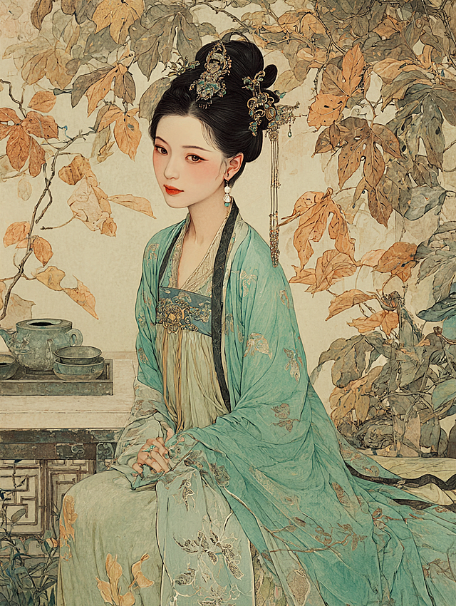 写实风格：“中晚唐偏梳髻，头发全部梳向右侧，低髻（枕骨高度），发丝松散挽成团状，余发垂肩显不对称美；髻侧插一支银鎏金簪（簪头雕蔓草纹），耳戴珍珠耳珰；身着浅碧色对襟襦裙（薄纱材质，衣领绣银线竹叶），外披烟灰色半臂；背景为秋日庭院（梧桐落叶、石桌茶盏），斜阳透过枝叶洒在发丝上；风格为写意古风插画，色彩清冷（碧、灰、银为主），发丝柔软垂坠，8K细节，疏离淡然。”