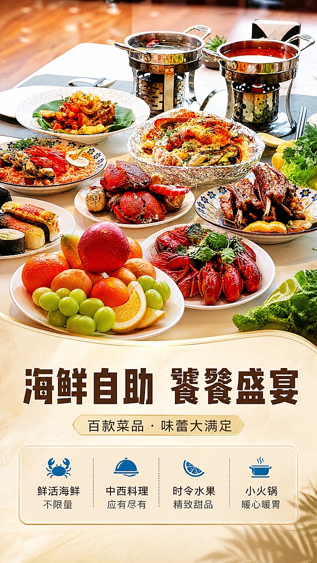 [商品] 使用【图6】海鲜自助餐饮图；保留丰富菜品：小龙虾、蟹、虾、寿司、小火锅、海鲜大咖、水果等；保留白色餐桌、蓝花瓷盘、火锅器具；修复画面清晰度，增强食物色泽和诱人质感，不改变菜品种类和摆盘。
[画面] 目标：餐饮美食卖点页，刺激食欲，突出丰盛。构图：俯视角美食铺满画面上半部分，下半部分文案信息卡。主体占比：美食占画面60%。景别：特写+中景。前中后景：前景水果与寿司、中景海鲜主菜、后景小火锅与背景虚化。阅读动线：从上到下。
[视觉] 套系策略：风格=高端度假实景大片，暖调电影质感；标题字=粗黑体大号字，醒目有力；正文字=简洁无衬线体，清晰易读；主色=暖米金+深棕；背景延展=基于暖米金做深浅层级、同色渐变和细腻石材/木质质感；强调色=湖蓝色，仅用于小面积图标、引线和标签；标题色=深棕色；正文色=暖灰色；组件=圆角半透明信息卡、细线引线、美食图标；光影：暖调美食摄影光，色泽饱满诱人，高光柔和。
[文字] 主标题：「海鲜自助 饕餮盛宴」；副标题：「百款菜品 · 味蕾大满足」；卖点：1. 鲜活海鲜 不限量 2. 中西料理 应有尽有 3. 时令水果 精致甜品 4. 小火锅 暖心暖胃。文字区位置：画面底部1/3，横向信息卡。所有文字横排。
[规格] 图片比例9:16竖版，4K分辨率，抖音详情页适配。负向：避免变形、错字、文字过小、菜品失真、颜色偏差、水印、极限词。