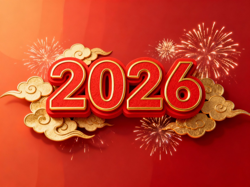 2026红色喜庆立体花字，春节氛围，烟花点缀，金色祥云环绕，背景为红色渐变，花字边缘有金色描边和立体阴影，烟花在花字周围绽放，呈现出热闹欢快的节日景象预览效果