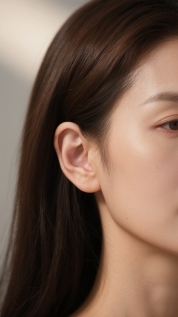 超写实主义人像摄影，耳朵特写，30岁左右女性，清晰展示耳朵的解剖结构，包括耳轮、对耳轮、耳屏、耳垂等细节，自然健康的浅棕色皮肤，细腻光滑的肤质，柔和的高光与阴影过渡，突显皮肤质感，深棕色的浓密长发自然垂落，发丝纹理清晰可见，从头部侧面延伸至耳朵上方，柔和的侧光照明，光源来自左上方，营造出立体感，背景简洁模糊，突出主体，画面聚焦于耳朵及周围侧脸区域，保持与原图一致的构图比例和视角，传达出成熟女性……预览效果