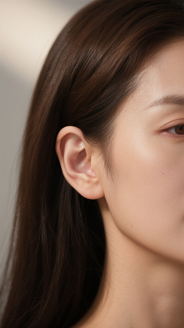 超写实主义人像摄影，耳朵特写，30岁左右女性，清晰展示耳朵的解剖结构，包括耳轮、对耳轮、耳屏、耳垂等细节，自然健康的浅棕色皮肤，细腻光滑的肤质，柔和的高光与阴影过渡，突显皮肤质感，深棕色的浓密长发自然垂落，发丝纹理清晰可见，从头部侧面延伸至耳朵上方，柔和的侧光照明，光源来自左上方，营造出立体感，背景简洁模糊，突出主体，画面聚焦于耳朵及周围侧脸区域，保持与原图一致的构图比例和视角，传达出成熟女性的优雅与精致。