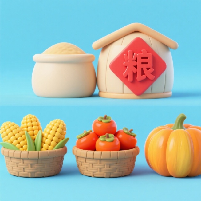 4个中秋素材组合，可爱电商促销感。素材包括：第一个粮仓（贴着带有 “粮” 字的红色菱形福字）；第二个一筐玉米；第三个一筐柿子；第四个南瓜。画面整体呈现鲜艳效果，淡蓝色背景。上下两行，排列整齐预览效果