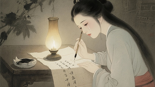 薛涛在油灯下写《十离诗》，眼泪滴落在诗笺上的特写