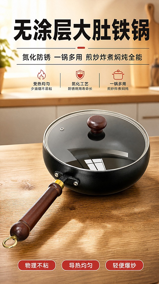 [商品] 使用【图1】【图2】大肚铁锅；保留黑色锅体、鼓肚造型、榉木棕色手柄、金色金属连接件、玻璃锅盖（带木柄顶珠）、手柄挂环的结构与颜色；修复背景杂物，保留锅体真实质感与比例，不改变产品结构。
[画面] 页面目标：头图海报，突出无涂层大肚铁锅核心卖点与一锅多用利益；构图：上下分栏，上半部分大标题+副标题，下半部分产品主体置于温馨厨房台面场景，产品占画面55%，俯视偏侧角度展示完整锅型与锅盖；阅读动线：从上至下，先看标题再看产品；前景木质台面、中景铁锅、后景虚化厨房橱柜与暖光。
[视觉] 套系策略：风格=拼多多接地气商业摄影，暖调厨房氛围感；标题字=粗黑黑体，大字报风格；正文字=清晰无衬线黑体；主色=铁锅黑+暖木棕；背景延展=基于暖木棕做深浅层级、厨房木纹台面+暖黄灯光质感；强调色=中国红，仅用于小面积标签、价格标、卖点图标；标题色=深炭黑；正文色=深暖灰；组件=圆角红底白字标签、粗线引线、编号胶囊；光影=左前侧暖柔光，锅面有自然高光反射。
[文字] 顶部大主标题「无涂层大肚铁锅」，副标题「氮化防锈 一锅多用 煎炒炸煮焖炖全能」，底部3个红底白字胶囊标签：「物理不粘」「导热均匀」「轻便爆炒」，文字不遮挡锅体主体。
[规格] 图片比例9:16竖版，4K分辨率，避免变形、错字、文字过小、冷蓝背景、产品颜色改变、结构失真、极限词。
