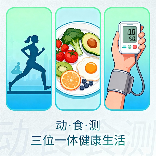 健康生活方式的组合图（运动、健康饮食、血压测量等场景）帮我配图