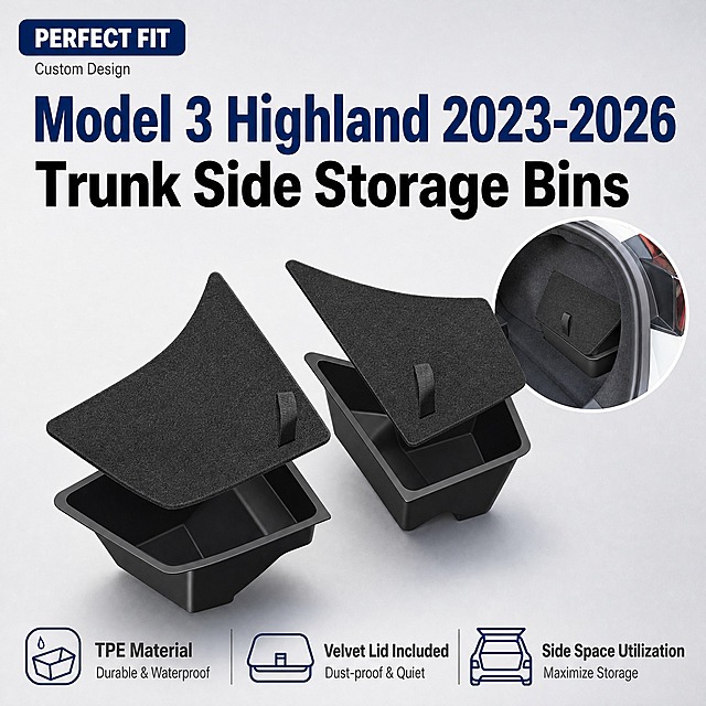 [单张主图] 特斯拉Model 3 Highland 2023-2026款TPE后备箱侧边收纳盒（带绒面抽绳盖），爆款促销感主图路线，目标是3秒内传达「卖什么、适配什么车型、核心优势」，适配亚马逊跨境平台1:1主图。

[参考比对] 参考主图为特斯拉后备箱收纳盒爆款图，版式特征：左上角红色圆角标签做卖点背书，顶部蓝色粗体大标题点明车型与产品名，画面中心为产品主体悬浮展示，背景为真实汽车后备箱场景做使用语境，产品带白色描边突出。本次生成保留「左上角标签+顶部大标题+中心产品+真实后备箱场景」的信息结构逻辑，但做差异化：标签改为左上角深蓝色圆角标签而非红色，标题改为深蓝色+黑色双层标题而非纯蓝色，产品改为左右对称双收纳盒+绒面盖组合展示而非单盒，背景改为浅灰色渐变+后备箱局部场景小窗而非全幅后备箱，视角改为45度俯视立体展示而非平视，文字内容全部替换为当前产品适配信息。

[画面主体] 画面中心偏下位置展示左右两个黑色TPE后备箱侧边收纳盒，每个收纳盒上方对应放置一块黑色绒面抽绳盖板，盖板上有黑色织带抽手。产品外观、结构、材质、颜色必须与输入产品图完全一致：TPE材质黑色硬壳收纳盒，盒内有分隔结构，绒面盖板为翻毛质感，带抽绳织带拉手。左右两个收纳盒呈对称45度角摆放，左侧收纳盒稍靠前，右侧稍靠后，形成空间层次感。产品主体占画面约55%-60%，完整不裁切。

[构图版式] 采用「顶部大标题型」爆款版式：顶部25%区域放标签和主标题，中部55%区域放产品主体+场景小窗，底部20%区域放卖点图标组。信息层级：主标题 > 产品主体 > 卖点图标 > 辅助说明。

[场景元素] 背景为浅灰色到白色的柔和渐变，干净高级。产品右后方嵌入一个圆形场景小窗，小窗内展示白色特斯拉Model 3后备箱内部真实场景，收纳盒安装在后备箱侧边凹槽内的完成态，小窗直径约为画面宽度的25%，作为语境组件证明安装位置。产品下方有柔和的接触阴影，增强立体感。

[文案版式] 所有可见文字均为英文，字体为粗体无衬线字体，清晰易读。
- 左上角：深蓝色圆角矩形标签，白色粗体大写文字 "PERFECT FIT"，标签下方小字 "Custom Design"。
- 顶部主标题：分两行，第一行深蓝色超大粗体字 "Model 3 Highland 2023-2026"，第二行黑色大粗体字 "Trunk Side Storage Bins"，主标题整体居中偏上。
- 底部卖点区：横向排列3组图标+文字卖点，从左到右：
  1) 收纳盒图标 + "TPE Material" + 下方小字 "Durable & Waterproof"
  2) 绒面盖图标 + "Velvet Lid Included" + 下方小字 "Dust-proof & Quiet"
  3) 汽车后备箱图标 + "Side Space Utilization" + 下方小字 "Maximize Storage"
卖点图标为深蓝色线条风格，文字为深灰色，每组间距均匀。

[光影质感] 商业产品摄影质感，主光从左上方45度照射，产品表面有清晰的高光和明暗过渡，TPE材质呈现哑光磨砂质感，绒面盖板呈现细腻翻毛质感，阴影柔和自然，整体光线明亮干净，突出产品立体感和材质真实感。

[配色字体] 主色调：黑色（产品）、深蓝色（标题/标签/图标）、浅灰色（背景）、白色（标签文字）。字体统一使用粗体无衬线字体，主标题字号最大，卖点标题次之，说明文字最小，层级分明。

[比例分辨率] 1:1正方形比例，2K分辨率，文字清晰可辨，产品细节锐利。

[负向提示词] 产品变形、结构错误、材质不符、颜色偏差、文字模糊、错字、水印、平台logo、多余装饰边框、背景杂乱、产品悬浮无阴影、人物出现、多余手指、低清晰度、伪logo、主体被遮挡。