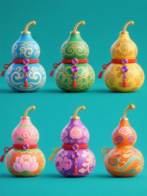 软3D风格的古代宝葫芦系列素材集合，维持原有的双葫芦叠放造型、顶部金色壶嘴、红色绳结缠绕、末端挂有紫色宝石和飘带的核心元素内容，每个葫芦都拥有完全不同的花纹和装饰，包括但不限于卷草纹、回形纹、祥云纹、莲花纹、龙纹、凤纹等，整体画面色彩各异，有蓝色系、绿色系、黄色系、粉色系、橙色系、紫色系等，每个葫芦都放置在对应的纯色背景上，六个不同设计的宝葫芦规整排布成一个系列集合。预览效果