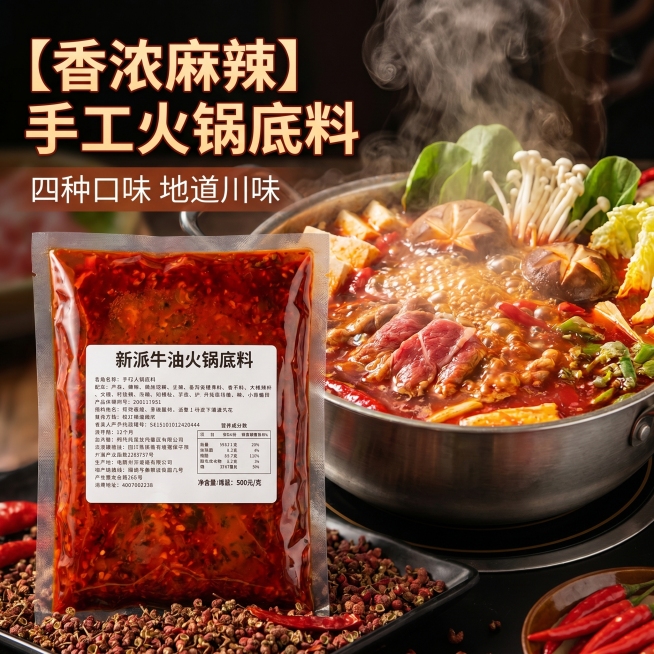 [主图 1] 香浓多口味火锅底料电商首图。
[氛围风格] 浓郁食欲感、正宗川味美食氛围；
[画质] 商业食品摄影质感、光线柔和通透、产品清晰真实、画面干净高级、超高清。
[元素] 牛油火锅底料包装袋居预览效果