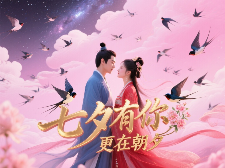 横向金色文字"七夕有你 更在朝夕"。创意字体设计点缀两只喜鹊、花朵元素，线条流畅，高级感，粉色背景，高纯度配色。中国古代传统风格，古风情侣身着飘逸古装，深情对视，男子身穿蓝衣，女子身穿红衣。背景是银河预览效果