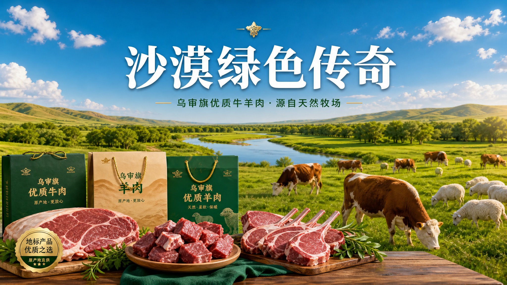 参考图整体风格：乌审旗绿色草原河流生态背景，蓝天白云，前景木桌… - 图片创意预览