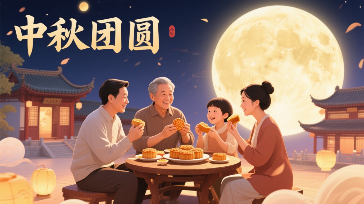 中秋节海报，画面中有一家人围坐在一起吃月饼，背景是明亮的圆月和传统中式建筑，色调温暖，充满节日氛围，“中秋团圆”预览效果