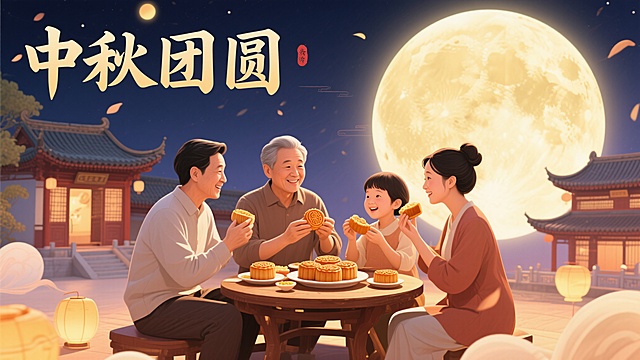 中秋节海报，画面中有一家人围坐在一起吃月饼，背景是明亮的圆月和传统中式建筑，色调温暖，充满节日氛围，“中秋团圆”