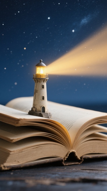 一张打开的旧书，书页自然卷曲形成柔和的弧度，一本打开的硬壳旧书，书页边缘微微泛黄卷曲形成自然弧度，在深蓝色星空背景下，书页上立着一座小型灯塔模型，灯塔顶部发出温暖的黄色光芒，光束向右上方扩散照亮夜空，星空中点缀着稀疏明亮的星星，整体画面营造出宁静、神秘而富有诗意的氛围，柔和的光影效果，细腻的材质表现，梦幻般的场景组合。预览效果