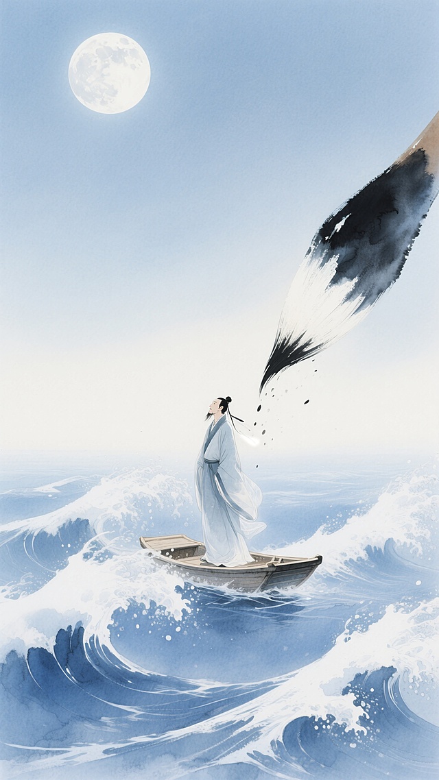有巨型毛笔挥毫泼墨，一轮明月悬于天际，一位身着传统长袍的文人立于小舟上，翻涌的巨大浪花，蓝色和白色调为主