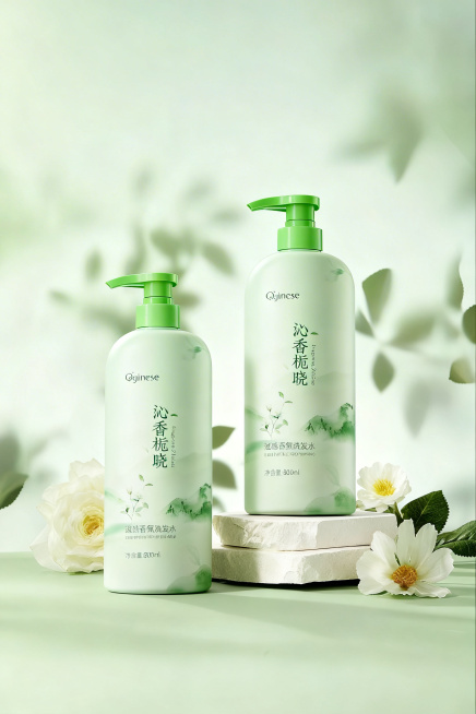 将第一张图里的2瓶浅绿色“沁香栀晓”洗发水，替换到第二张图的场景中，保持洗发水的外观、文字、Logo完全不变，和第二张图的场景自然融合，光影和第二张图一致，生成真实自然的产品展示图预览效果