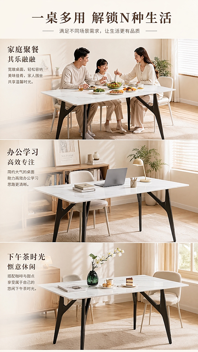 [第5张] 使用场景页-家庭用餐/办公/下午茶多场景应用展示。本张使用【图1】作为商品主体。
[氛围/风格] 温馨生活方式风，亮色调，家居场景摄影质感，自然舒适。
[元素布局] 画面分上中下三个场景区块：上部-家庭用餐场景，餐桌摆放餐具、美食，家人围坐用餐氛围；中部-办公学习场景，餐桌摆放笔记本电脑、书籍，办公学习状态；下部-下午茶场景，餐桌摆放咖啡、甜点、花艺，休闲时光；每个场景中餐桌造型、材质、颜色与输入产品图一致。
[光影质感] 自然光为主，温暖明亮，每个场景有柔和的窗光效果，阴影自然，整体氛围温馨舒适。
[配色色系] 全局底色 #FFFBF5；主色白色岩板餐桌；辅助色暖木色、米白软装；点缀色绿植、暖色餐具。
[视角构图] 三段式纵向构图，每个场景独立成区，阅读动线顶部标题→用餐场景→办公场景→下午茶场景。
[文字版式] 顶部主标题「一桌多用 解锁N种生活」；每个场景配小标题和简短说明：「家庭聚餐 其乐融融」「办公学习 高效专注」「下午茶时光 惬意休闲」；文字搭配场景，不遮挡餐桌主体。
[比例分辨率] 9:16 竖版比例，4K分辨率，文字清晰可辨，高清画质。
[负向提示词] 餐桌变形，结构错误，颜色偏差，水印，文字错乱，人物模糊，背景杂乱。