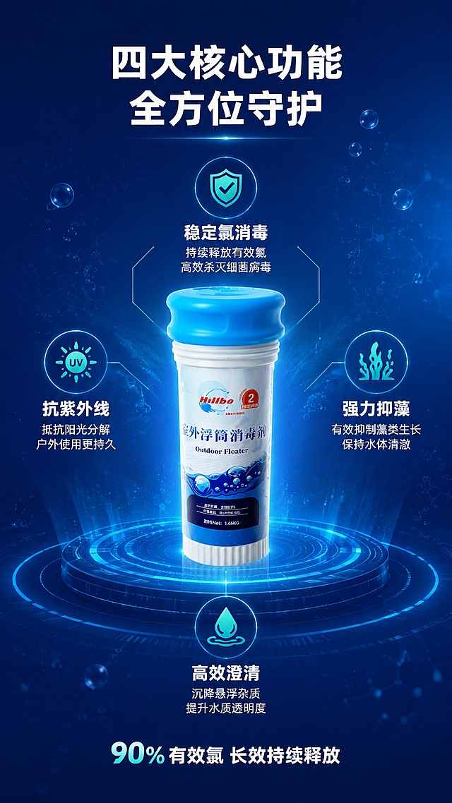 [第3屏] 详情页核心卖点-四大功能解析。本屏使用【图1】作为商品主体，居中展示。
[氛围/风格] 科技专业风，蓝色渐变背景，图标化信息展示，商业设计质感。
[元素布局] 产品浮筒置于画面正中央，占比约40%，产品外观与输入图完全一致；四周环绕四个功能模块，呈放射状分布：上方「稳定氯消毒」、右侧「强力抑藻」、下方「高效澄清」、左侧「抗紫外线」；每个功能配对应图标（盾牌/藻类/水滴/太阳）和功能说明；背景为深蓝色渐变，点缀水分子、气泡等科技元素。
[光影质感] 中心产品打亮，四周柔和光，产品有清晰轮廓光，整体科技感强。
[配色色系] 全局底色 #0D47A1 到 #1565C0 深蓝渐变；主色 #2196F3 亮蓝；辅助色 #FFFFFF 白色文字、#64FFDA 青绿色图标点缀。
[视角构图] 中心放射式构图，产品居中，四功能环绕，阅读动线中心产品 → 四周功能点。
[文字版式] 顶部主标题：「四大核心功能 全方位守护」，白色黑体居中；四个功能点各有功能名称大字号+1行小字说明，引线连接到产品对应部位；底部小字标注「90%有效氯 长效持续释放」；文字清晰不遮挡主体。
[比例分辨率] 9:16 竖版比例，4K分辨率，文字清晰可辨，高清画质。
[负向提示词] 产品变形，包装文字错乱，颜色偏差，水印，文字过小，图标模糊。