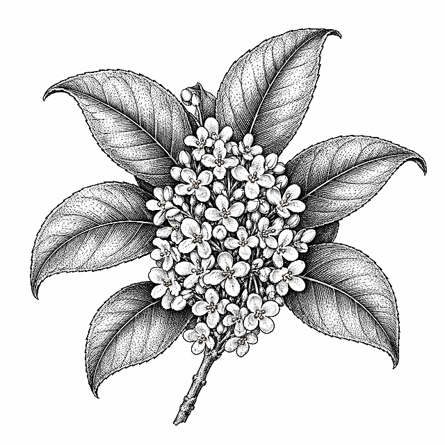 参考图中包装上的黑白铜版画/古典植物雕版线描风格，重新绘制一幅【桂花】的简笔画：一簇桂花居中盛开，小花密集成团、花瓣四裂清晰，外圈环绕数片宽厚、叶脉明显的桂叶，用细密排线刻画花朵与叶面的明暗，线条清晰干净，纯白背景，黑白色调，无任何文字