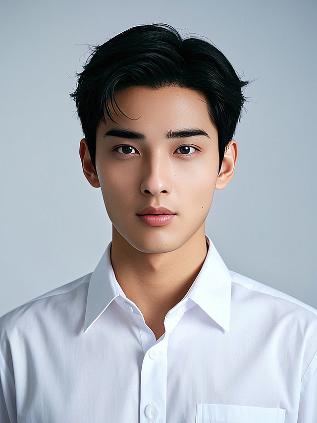 一个男生，职场证件照，干净的白色背景，白衬衫