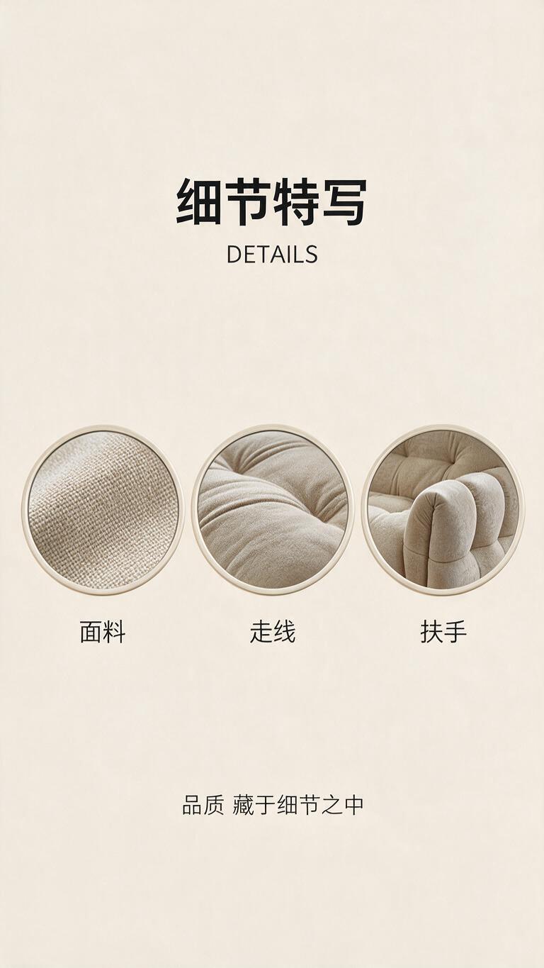 图生图模式：基于提供的米白色云朵风布艺沙发材质细节图，重新制作… - 图片创意预览