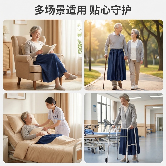 老年人防漏隔尿裙多场景使用效果主图，明亮温馨风格。采用四宫格拼图展示不同使用场景：1. 居家坐卧 2. 出门散步 3. 卧床护理 4. 术后康复，每个场景都自然展示隔尿裙的使用状态，整体光影统一。主色预览效果